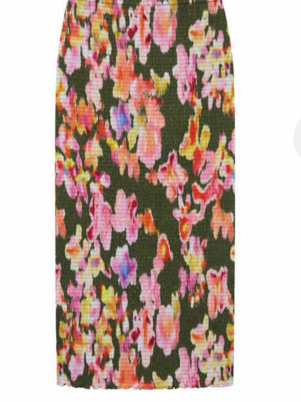 La Ligne Olive Green Floral Midi Skirt with Pink & Orange Blooms